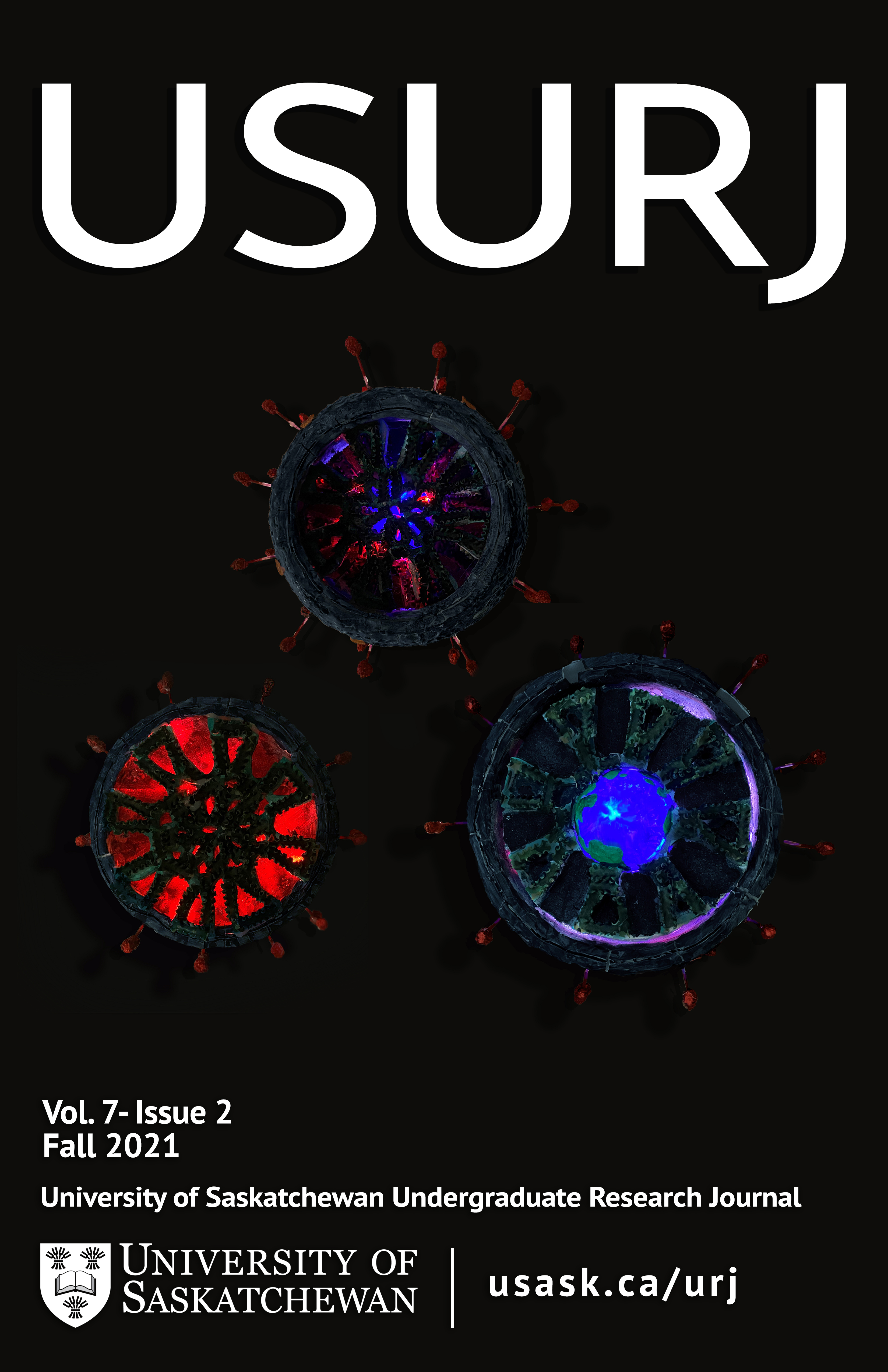 Cover of USURJ volume 7, issue 2, Fall 2021. Image of art work by Puja Rajesh. Photograph of disassembled units of a sculpture: three coronavirus spikes (cross sections of the orb/coronavirus sculpture): they are lit up from behind. One is red, one is blue and red, and one is blue. More information on the images in the issue.